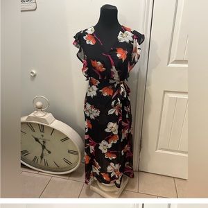 Japna Black Floral Midi faux Wrap Dress XS 0166 easter